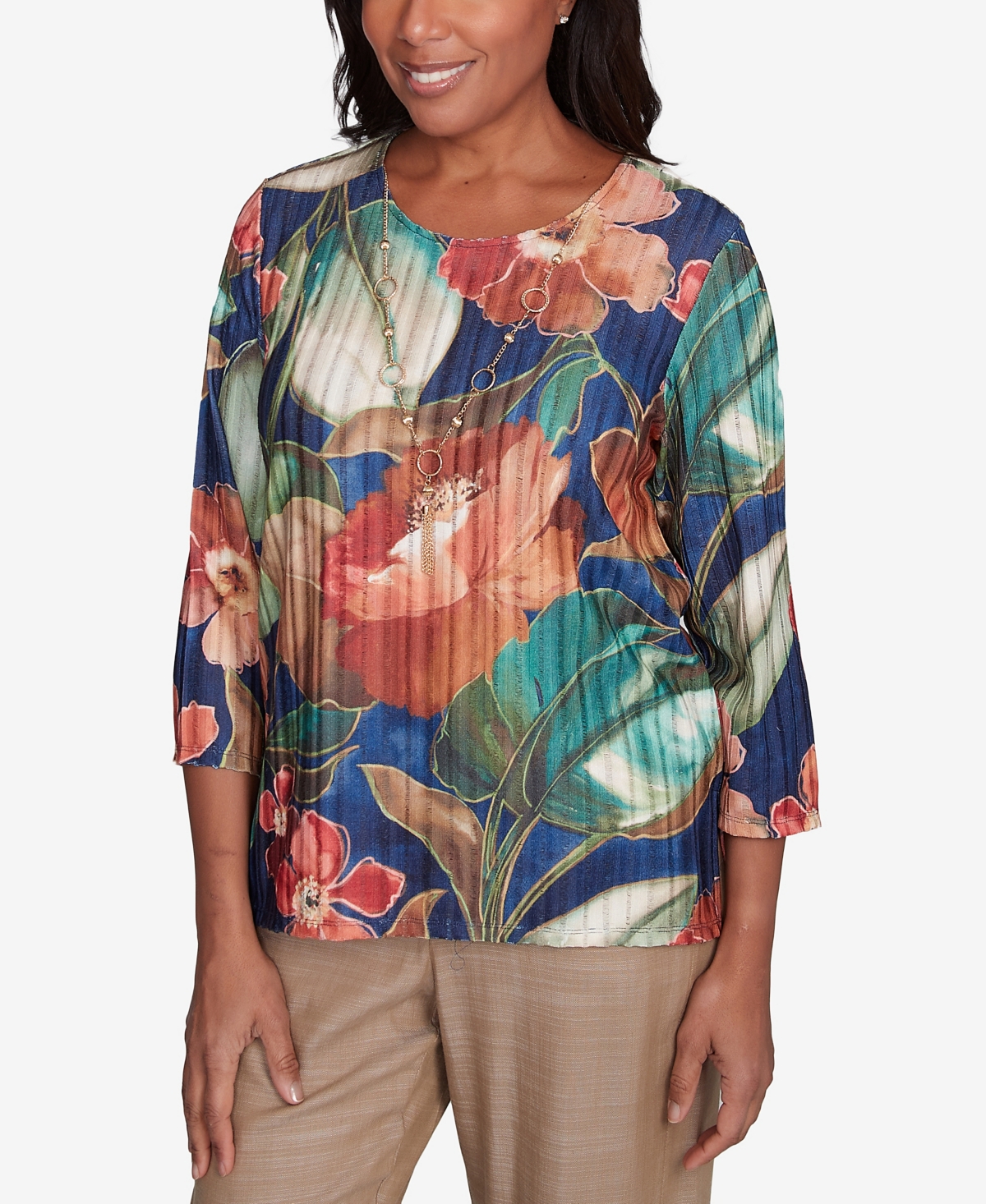 Alfred Dunner Plus Size Summer Solstice Dramatic Summer Floral Top With Necklace In Navy Multi