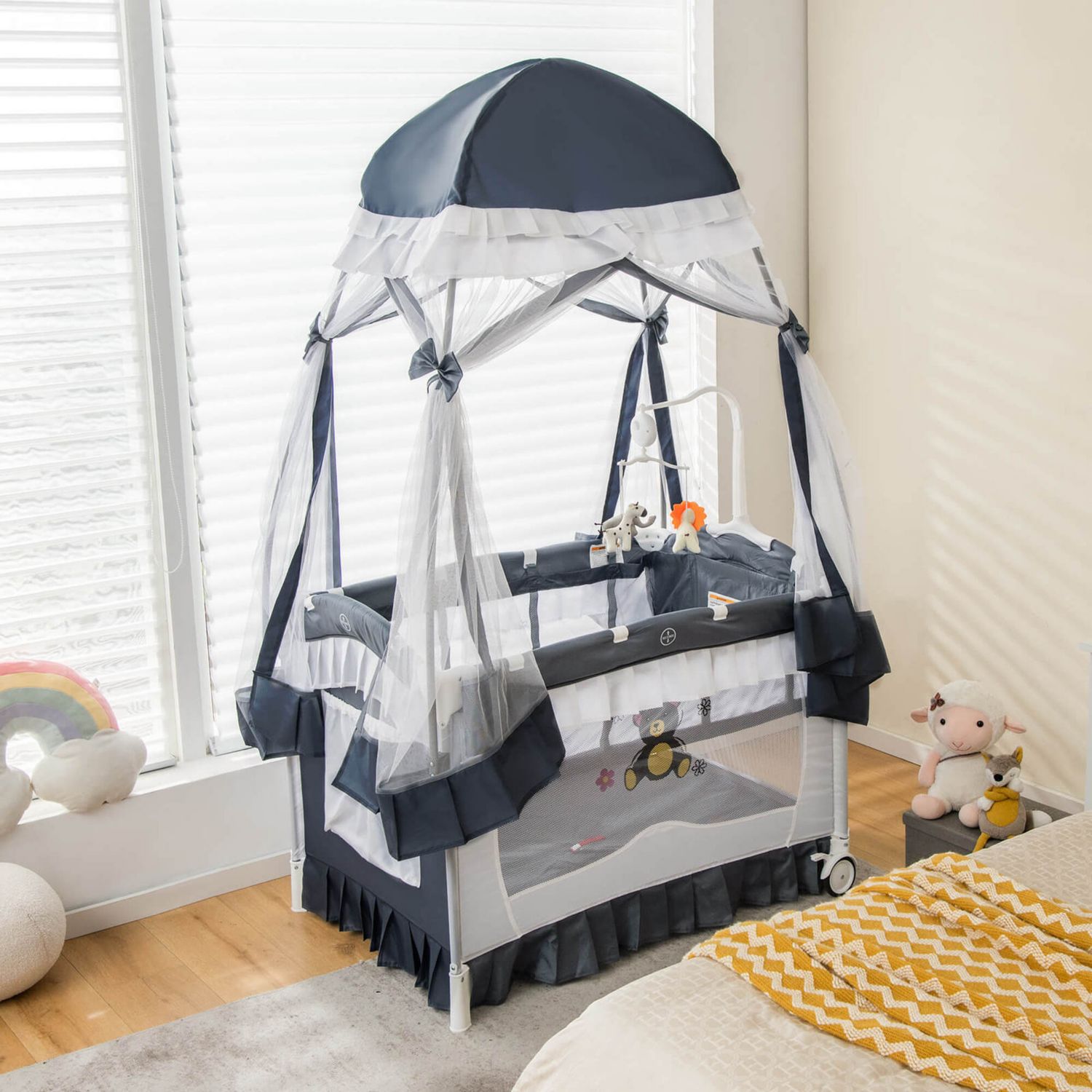 4 in 1 Portable Baby Playard Crib Bassinet Bed Changing Table Canopy