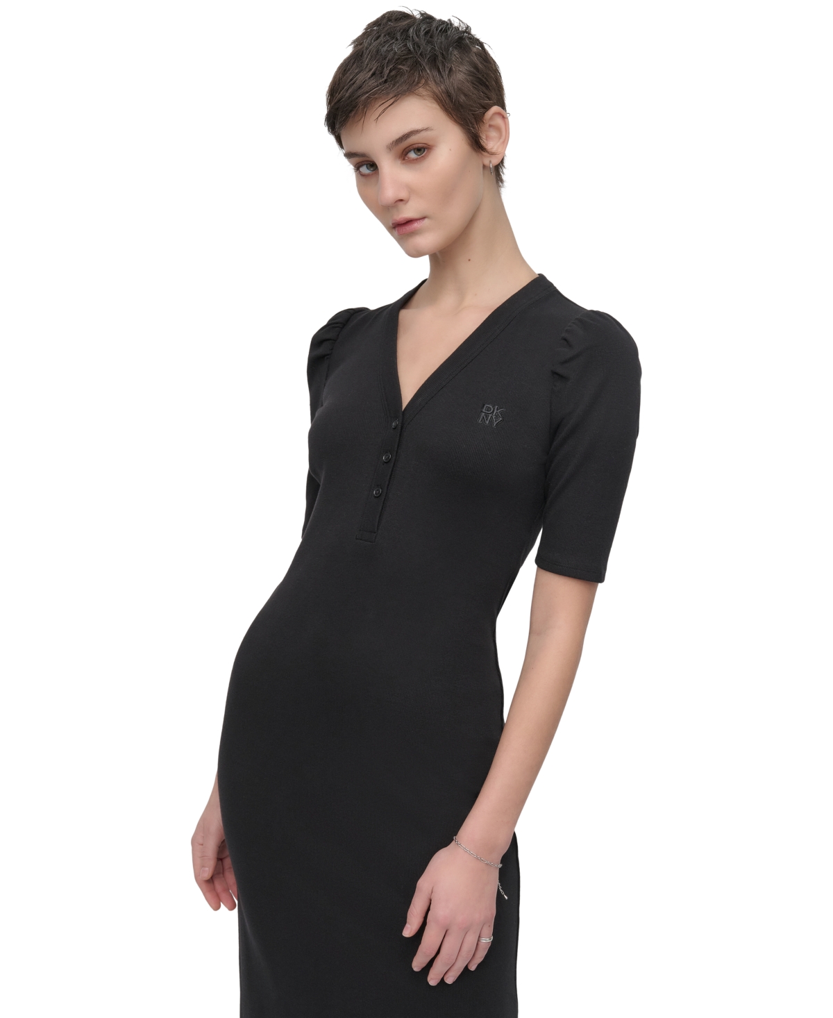 DKNY JEANS WOMEN'S PUFF-SLEEVE HENLEY MIDI DRESS 