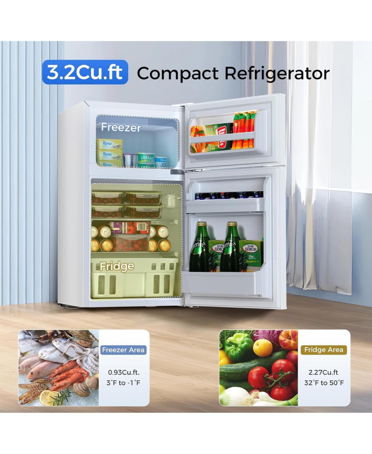 Cowsar 3.2 cubic foot mini fridge with separate freezer compartment and double door design is perfect for a basement, apartment, dorm room or office