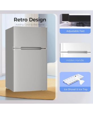 3.2 cubic foot mini fridge with separate freezer compartment and double door design is perfect for a basement, apartment, dorm room or office