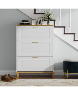 Wooden three-door natural shoe cabinet, multi-purpose shoe rack with adjustable shelves,cabinet foot,white