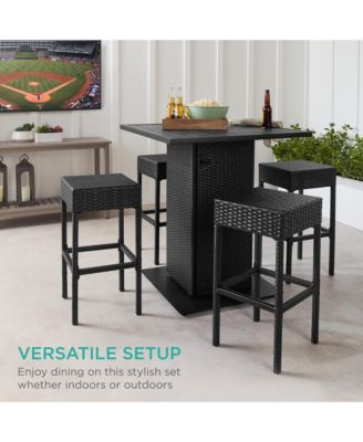 5-Piece Patio Wicker Bar Set w/ Built-In Bottle Opener, Hidden Storage Shelf, 4 Stools