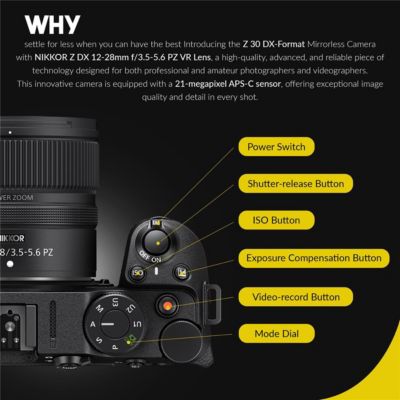 Z 30 Mirrorless Camera with NIKKOR Z DX 12-28mm f/3.5-5.6 PZ VR Lens, Bundle with 64GB Memory Card, Shoulder Bag, 46mm Filter Kit