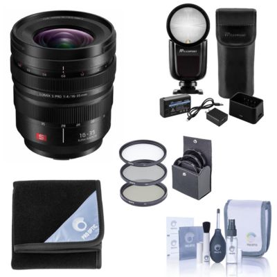 LUMIX S PRO 16-35mm f/4 Lens for L Mount, Bundle with Flashpoint Zoom Li-on X R2 TTL Round Flash Speedlight, 77mm Filter Kit, Lens Wrap,