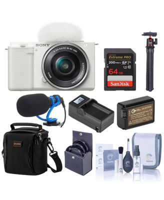 ZV-E10 Mirrorless Camera, White with 16-50mm Lens, Bundle with Battery, 64GB Memory Card, Shotgun Microphone, Octopus Tripod and 40.5mm Filter