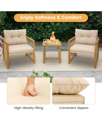 3PCS Patio Acacia Wood PE Wicker Furniture Set w/ Soft Seat & Back Cushions