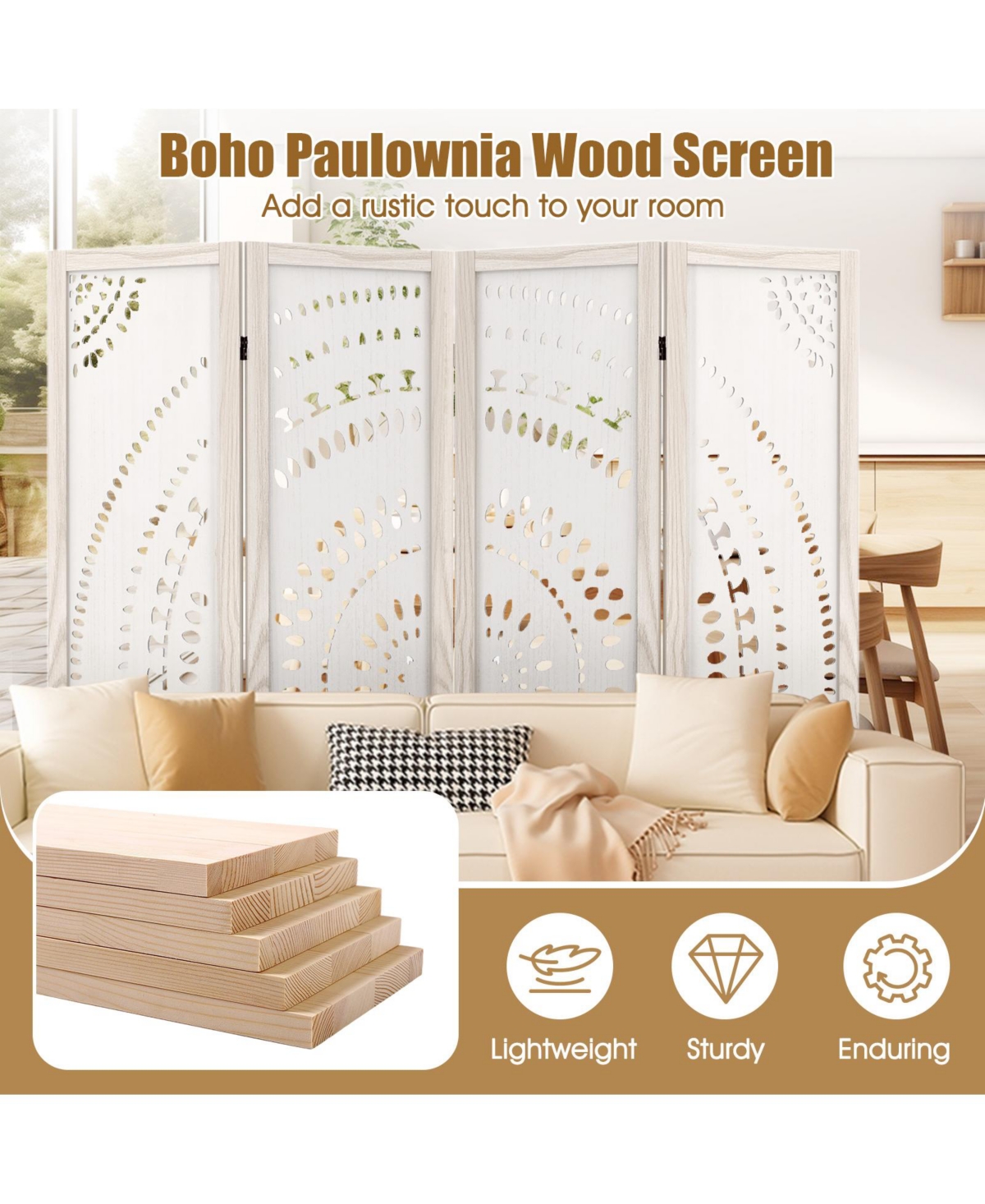 4-Panel Boho Room Divider – Privacy Screen with Detailed Carved Design for Home or Office
