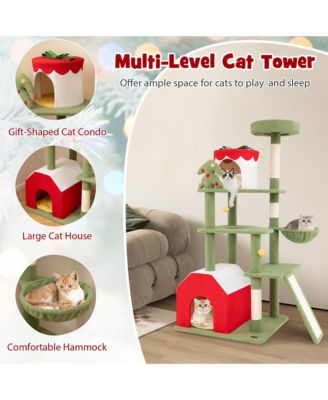 61'' Tall Christmas Cat Tree w/ Sisal Scratching Posts Plush Perch & 2 Condos