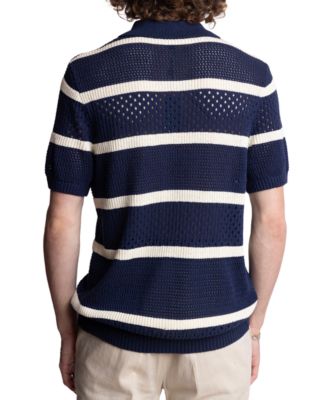 Men's Slim Fit Short Sleeve Striped Crochet Cardigan Sweater