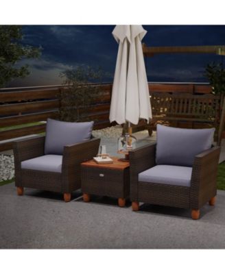3 PCS Outdoor Patio Rattan Bistro Furniture Set Wooden Table Top Cushioned Sofa