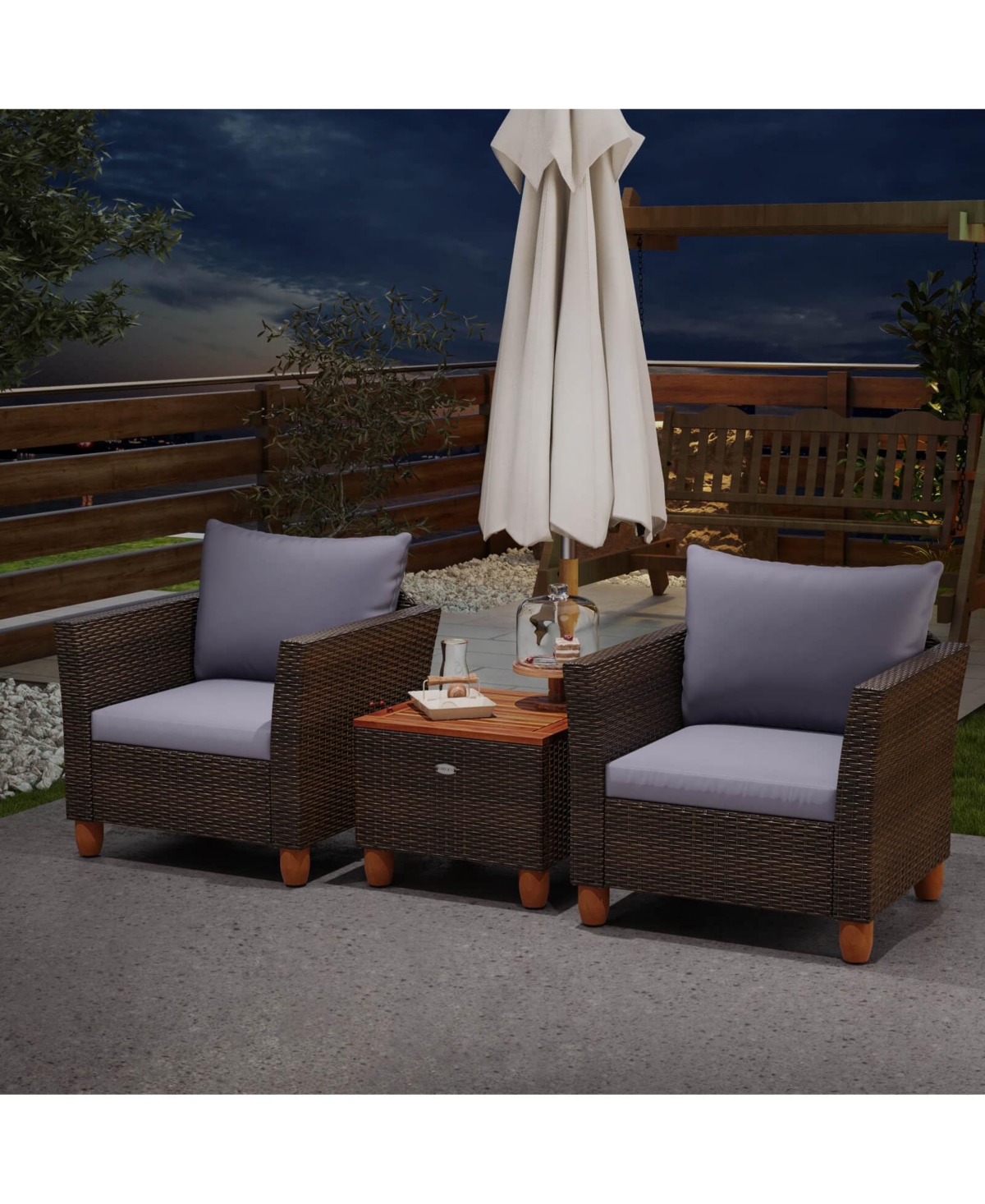 3 Pcs Outdoor Patio Rattan Bistro Furniture Set Wooden Table Top Cushioned Sofa