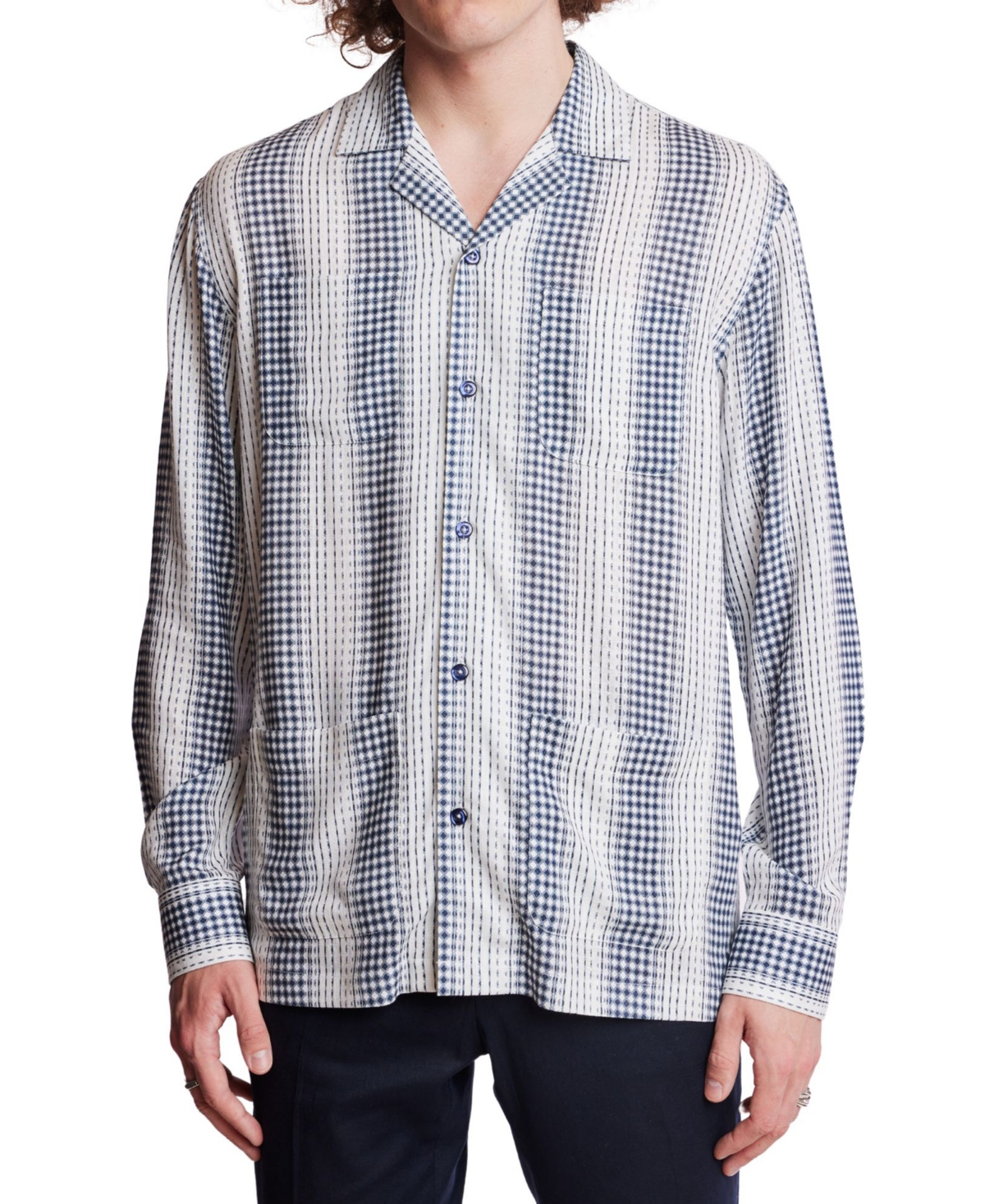 Men's Slim Fit Long Sleeve Diamond Striped Button Front Camp Shirt - Navy White Diamond Stripes