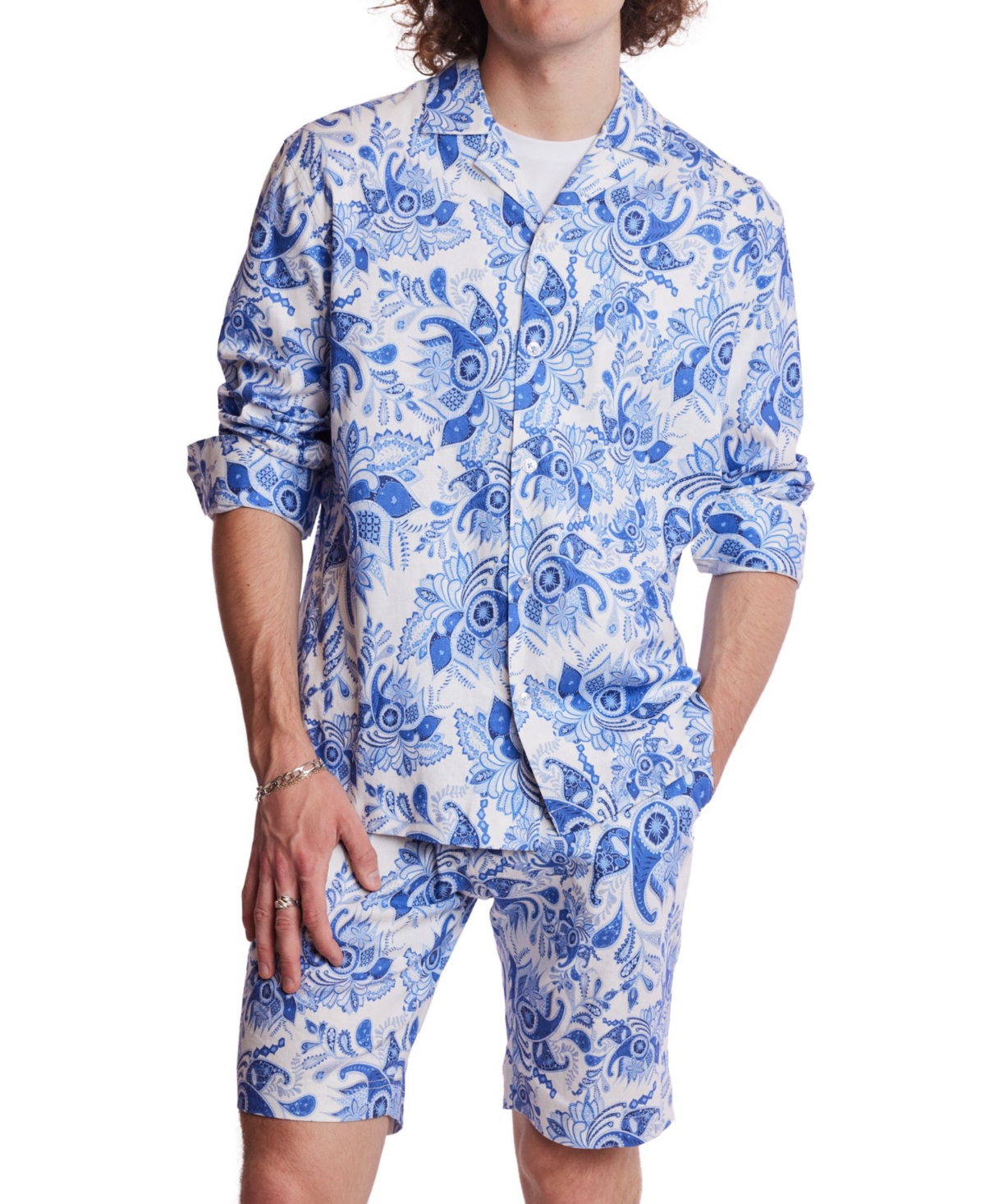 Men's Slim Fit Long Sleeve Printed Button Front Camp Shirt - Indigo White Paisley