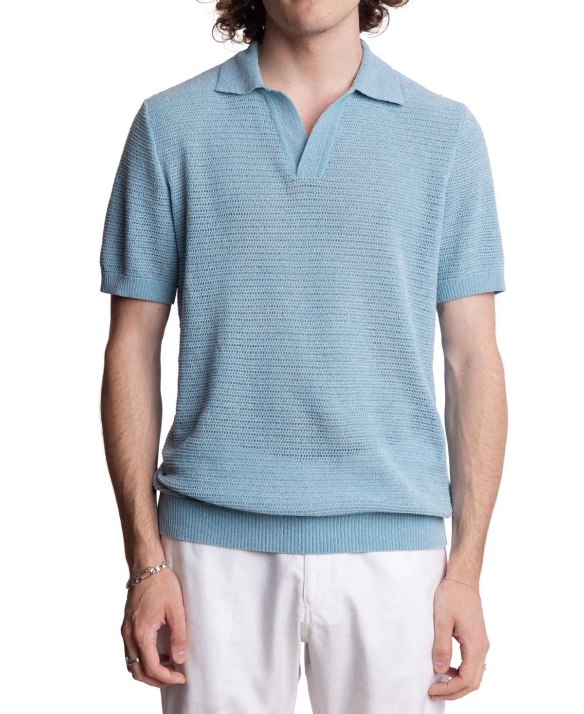 Men's Slim Fit Short Sleeve Open Collar Knit Polo Sweater - Lt Blue Chenille