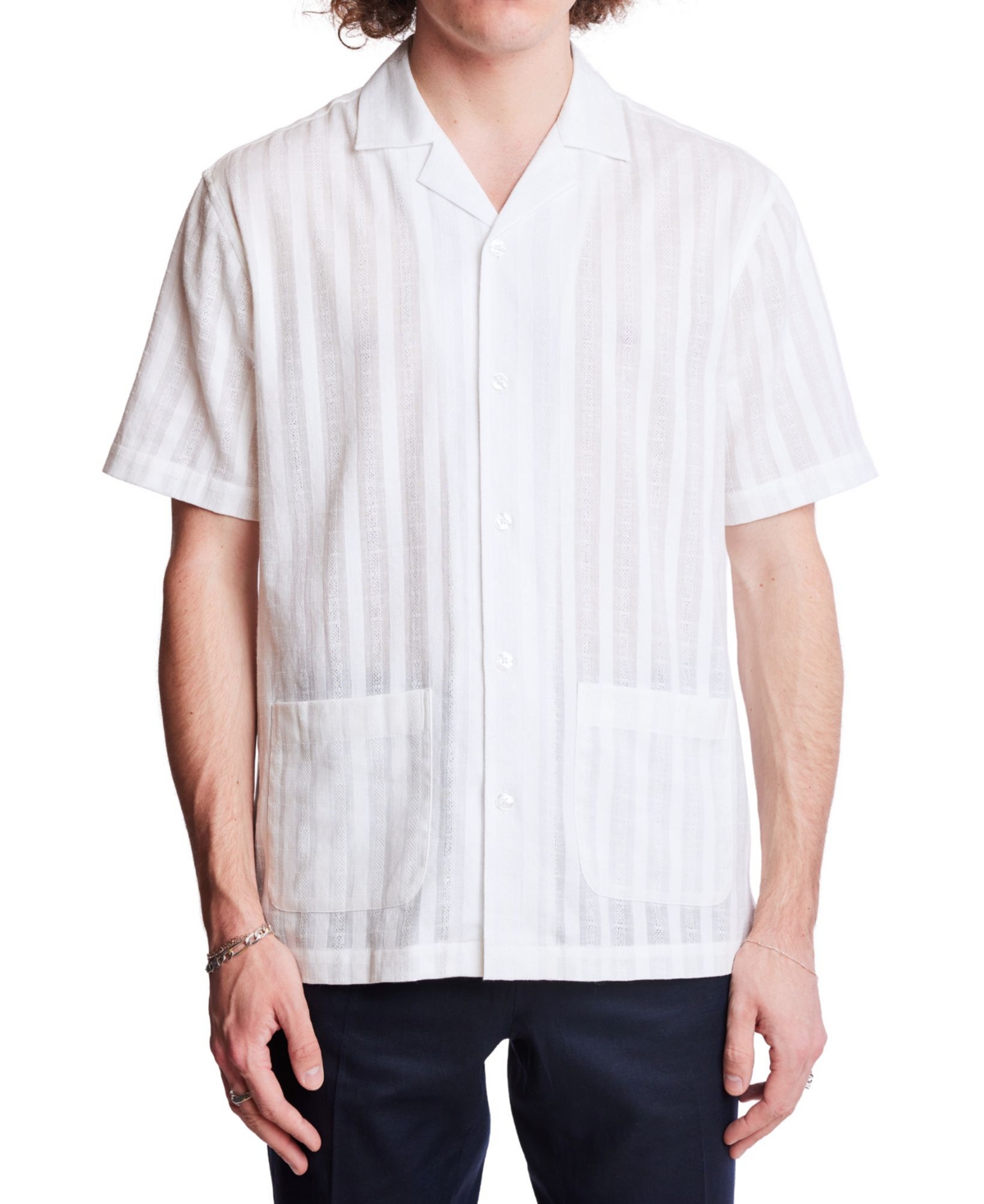 Men's Slim Fit Short Sleeve Textured Stripe Button Front Camp Shirt - White Dobby Stripes