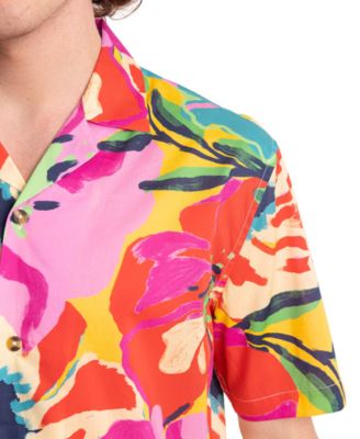 Men's Slim Fit Short Sleeve Floral Print Button Front Camp Shirt