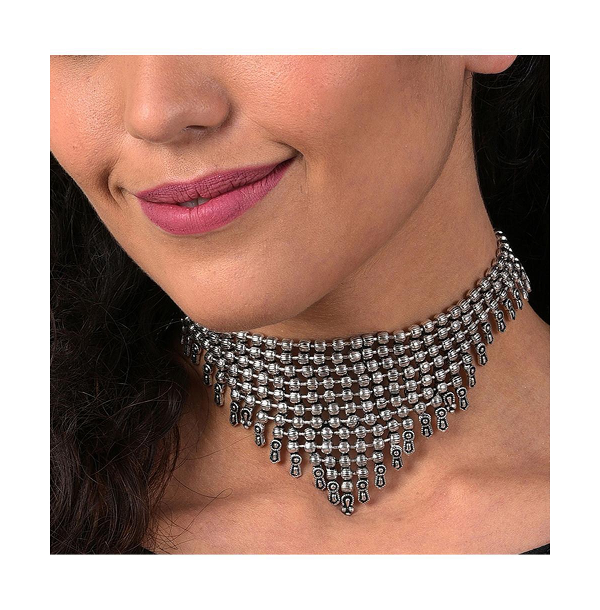 Sohi Silver Color Silver Oxidised Triangular Necklace For Women's In Silver