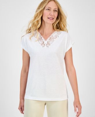 Style & Co - Petite Lace-Trim V-Neck T-Shirt, Exclusively at Macy's