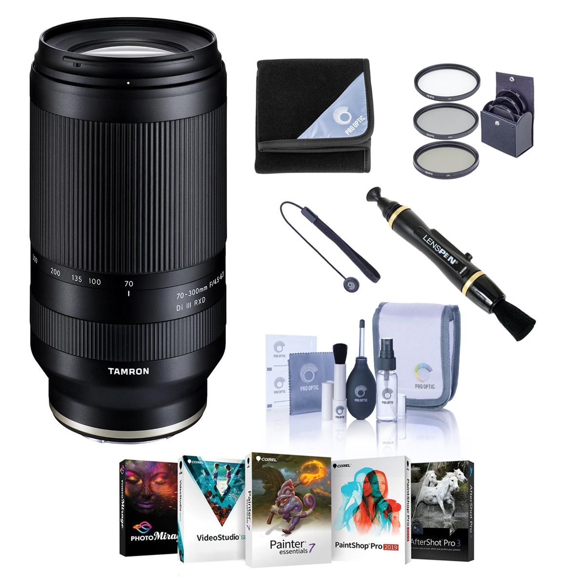 Tamron 70-300mm f/4.5-6.3 Di Iii Rxd Lens for Sony E, Bundle with ProOptic 67mm Filter Kit, Lens Wrap, Lens Cap Tether, Cleaning Kit, Pc Software Kit,
