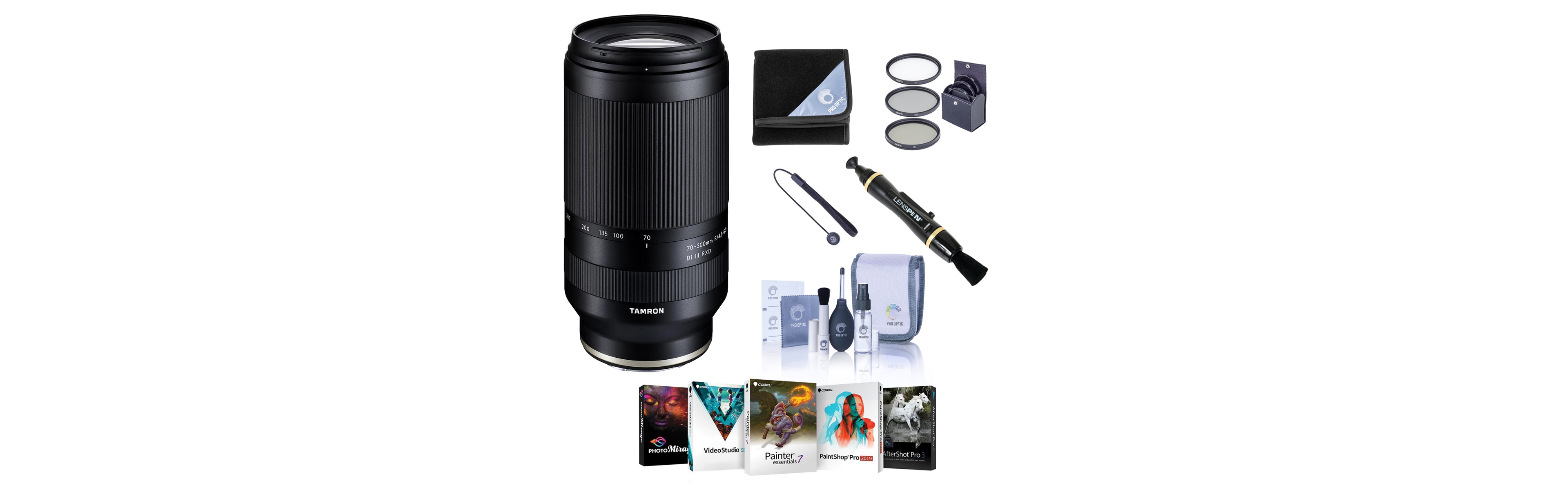 Tamron 70-300mm f/4.5-6.3 Di Iii Rxd Lens for Sony E, Bundle with ProOptic 67mm Filter Kit, Lens Wrap, Lens Cap Tether, Cleaning Kit, Pc Software Kit,