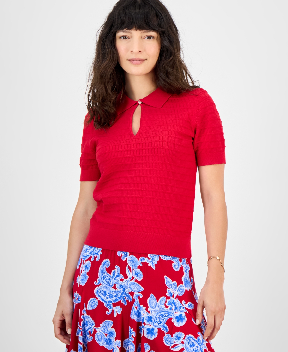 Women's Cotton Scalloped-Stripe Keyhole Polo - Mazarine Blue