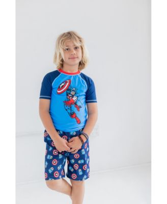 Boys Rash Guard Swim Trunks and Cap 3 Piece Swimsuit Set
