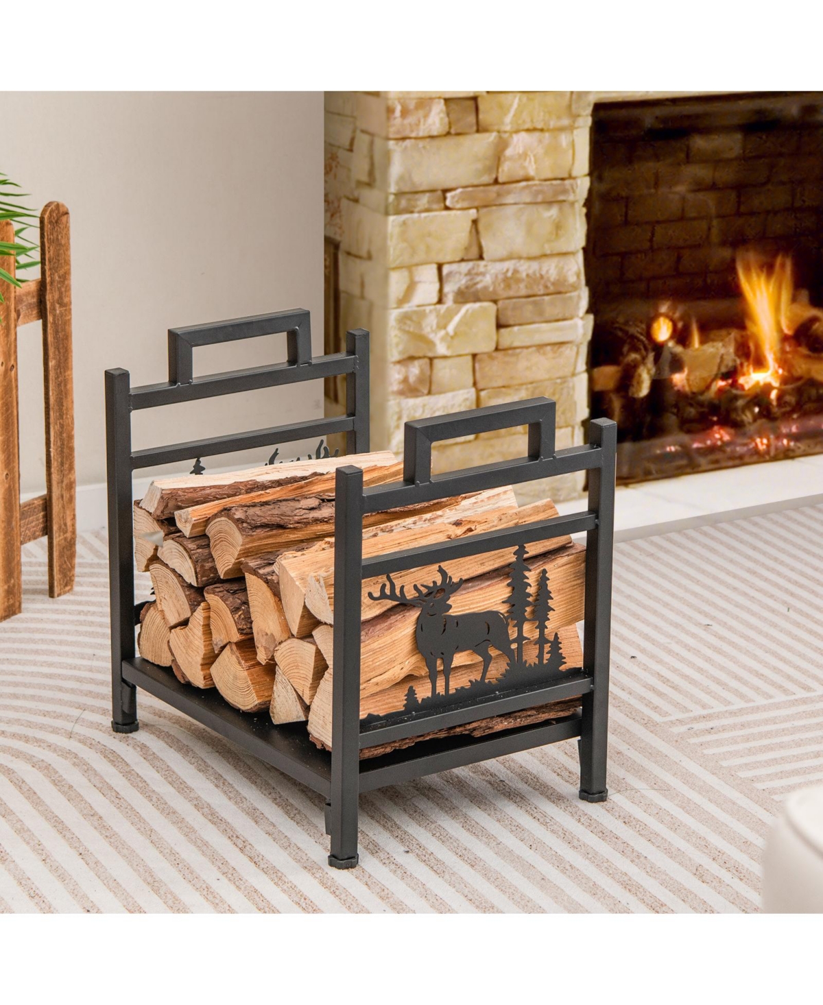 Sturdy Metal Firewood Holder with Handles for Fireplace or Patio