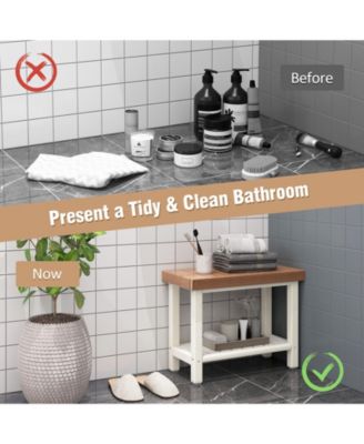 2-Tier HDPE Shower Chair with Storage Shelf and Anti-slip Foot Pads for Bath Spa-Brown