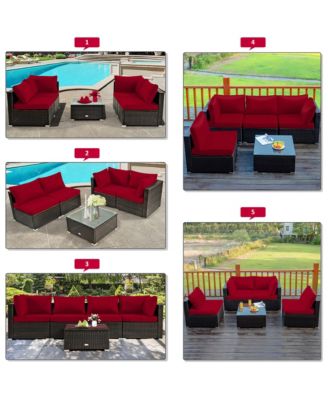 5PCS Patio Rattan Furniture Set Cushioned Sofa Chair Coffee Table