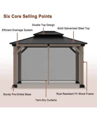 12 ft. x 10 ft. Outdoor Fir Solid Wood Frame Patio Gazebo Canopy Shelter with Galvanized Steel Hardtop Roof Pavilion