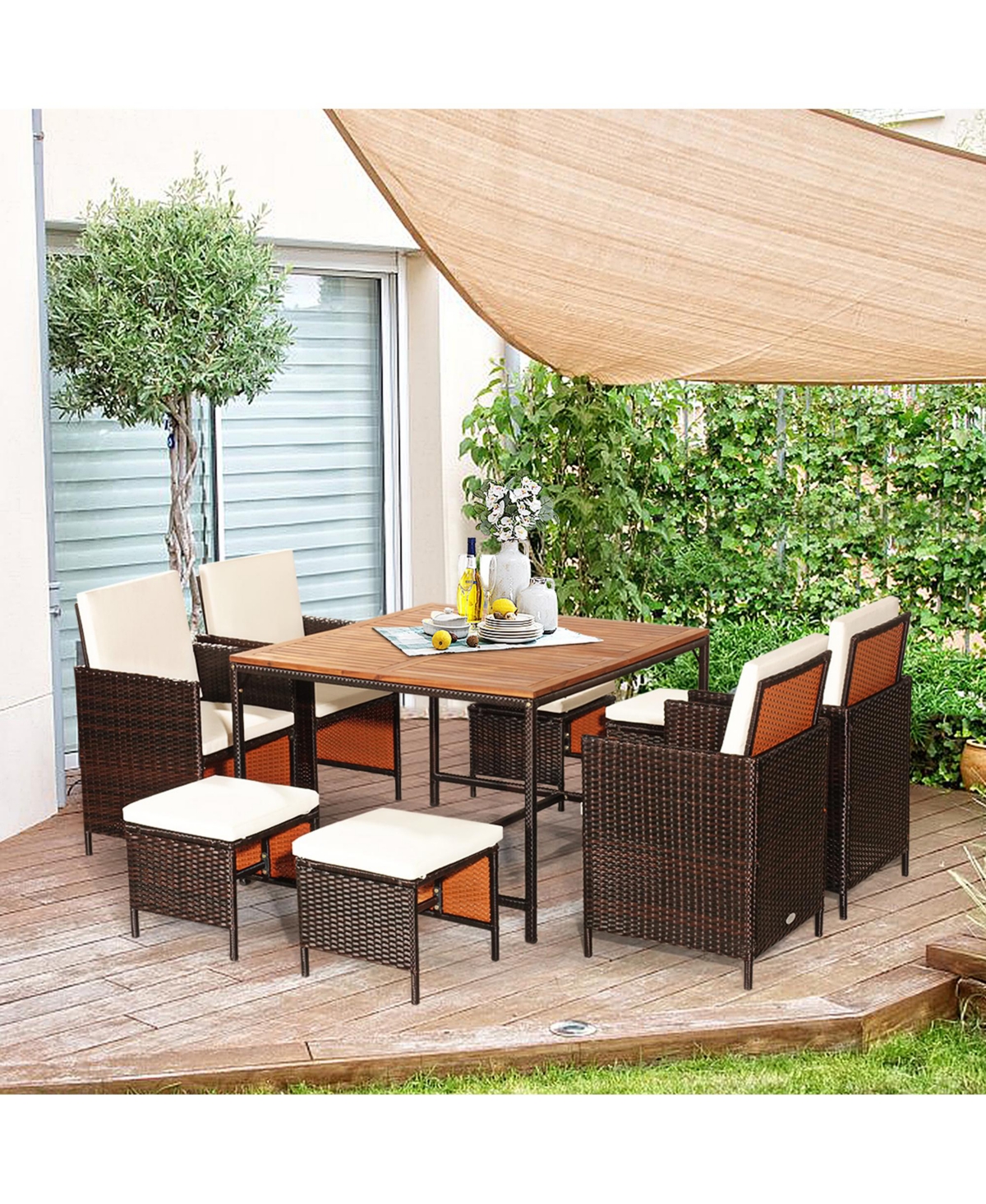 Gymax 9PCS Rattan Wicker Patio Dining Set Outdoor Furniture w/ Cushion