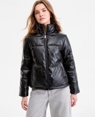 Steve Madden - Juniors' Textured Faux-Leather Puffer Coat