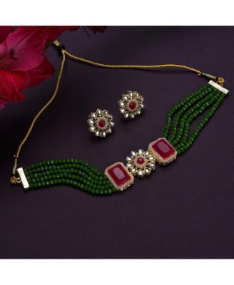 Women's Gold Plated Kundan Beaded Jewellery Set