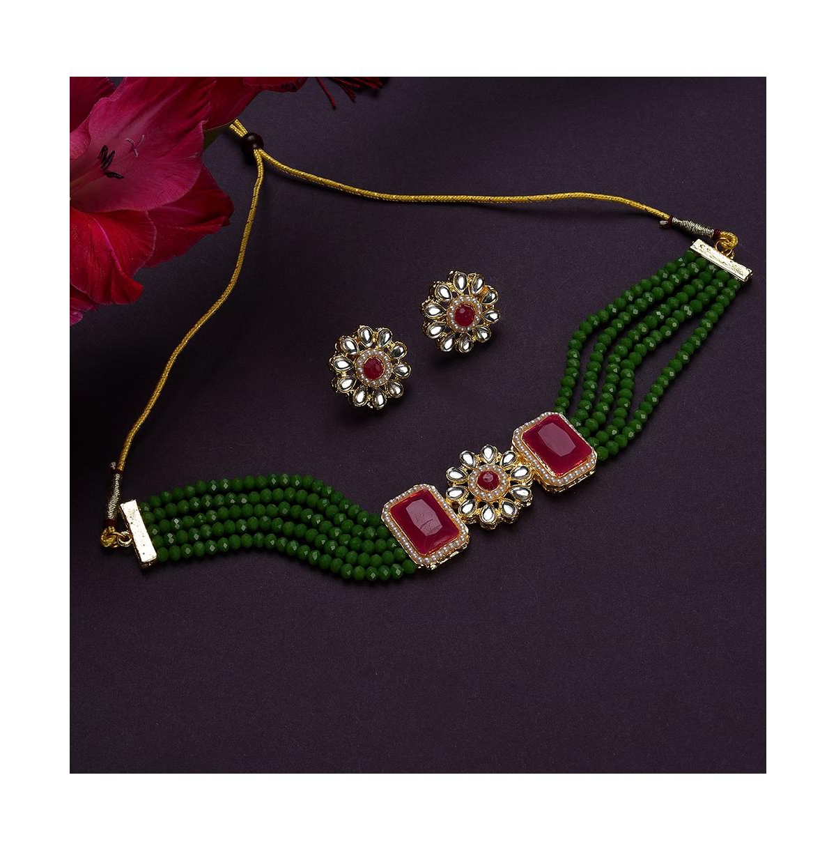 Sohi Women's Gold Plated Kundan Beaded Jewellery Set In Green
