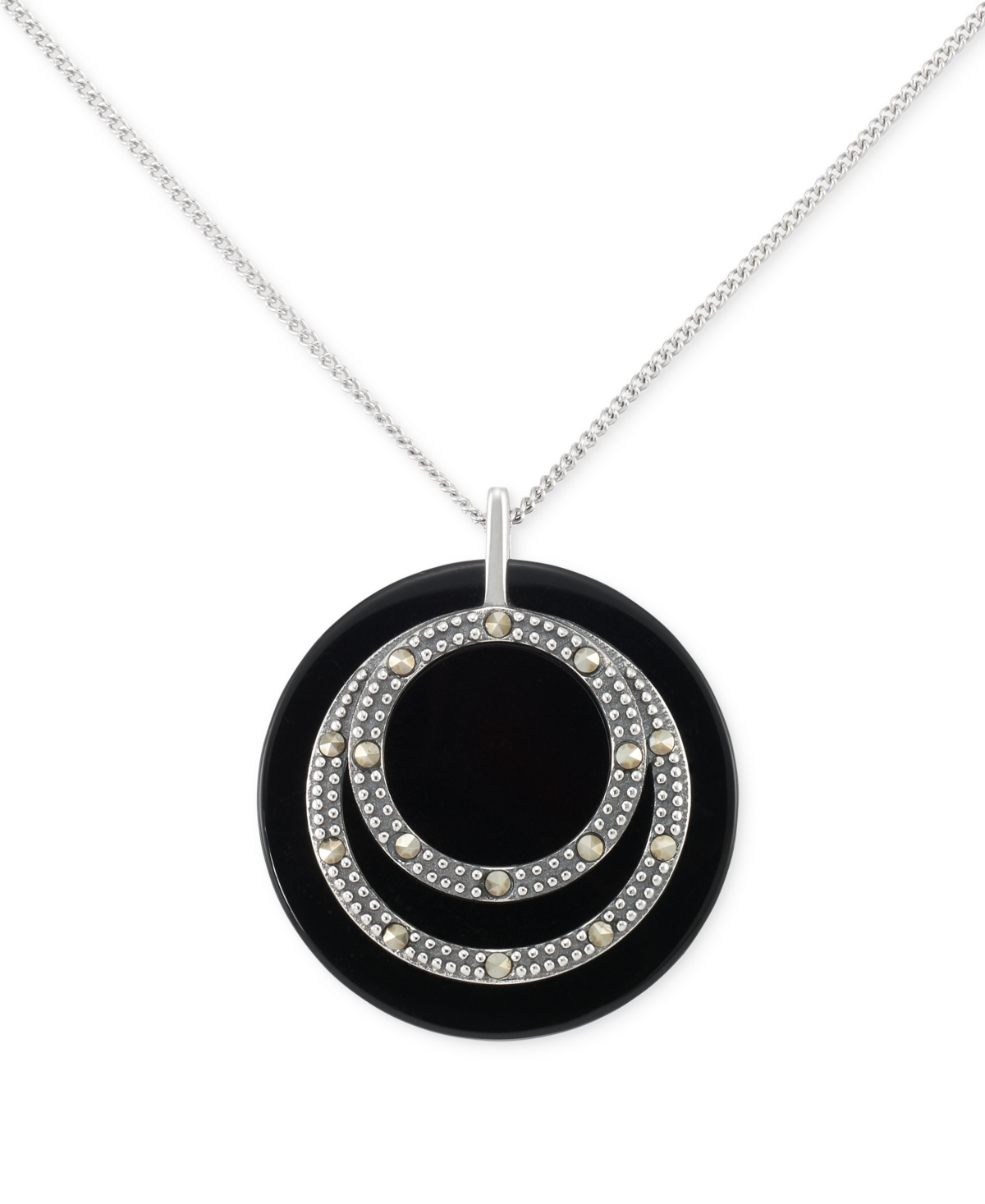 Macy's Onyx & Marcasite Circle Disc 18" Pendant Necklace In Sterling Silver