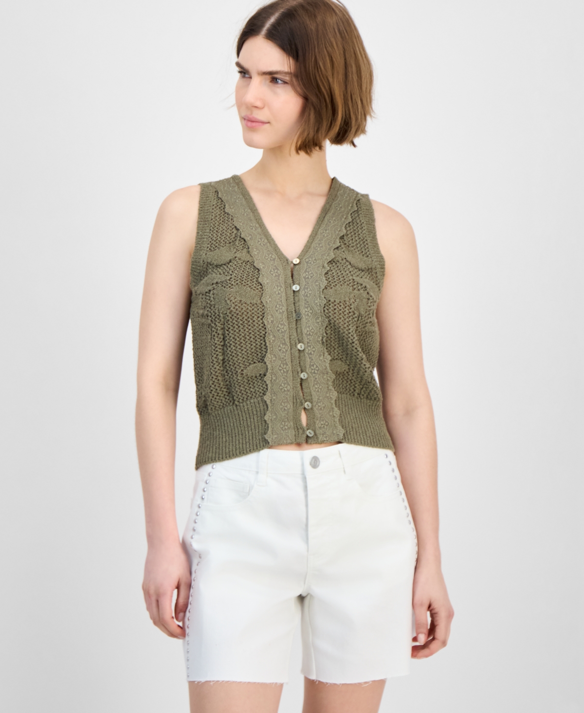 Women's Lace-Trim Button-Front Sweater Vest - Calla Lilly