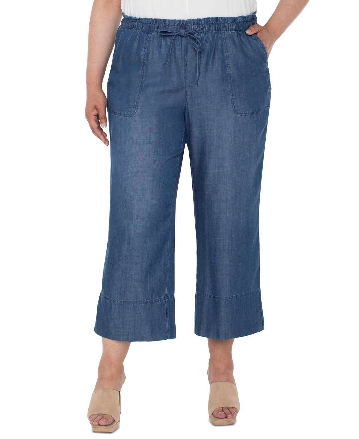 Liverpool Los Angeles Trendy Plus Size Chambray Pull-on Cropped Pants