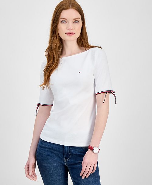 alfani Tommy Hilfiger Women's Cotton Boat-Neck Tie-Sleeve T-Shirt Women's Fashion Shoes & Accessories