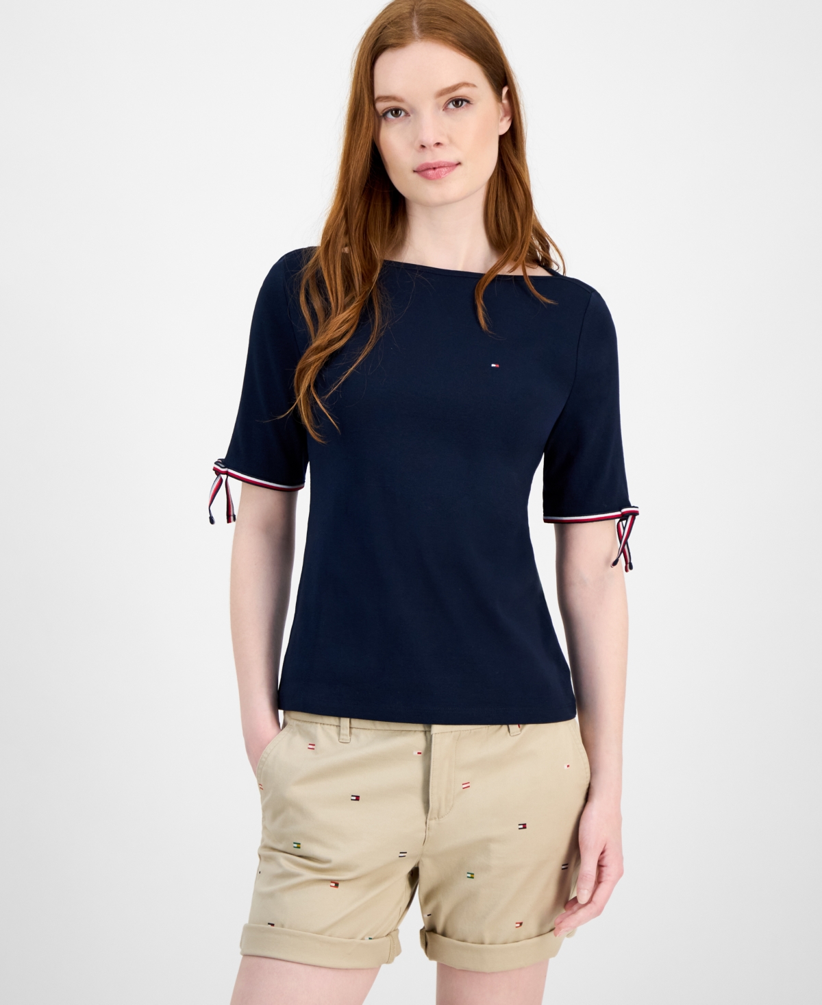 Tommy Hilfiger Women's Cotton Boat-neck Tie-sleeve T-shirt