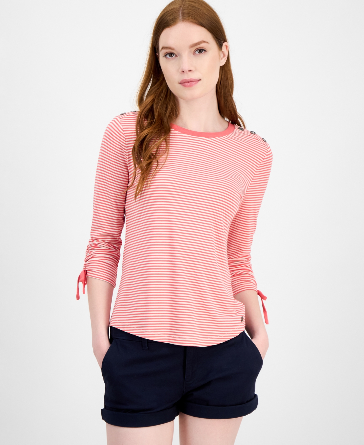 Women's Striped Ruched-Sleeve Top - Sky Captain Multi