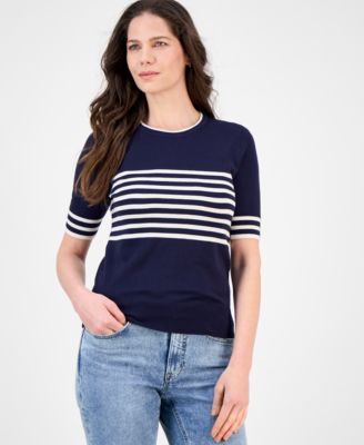 Nautica Jeans - Women's Striped Button-Trim Short-Sleeve Sweater