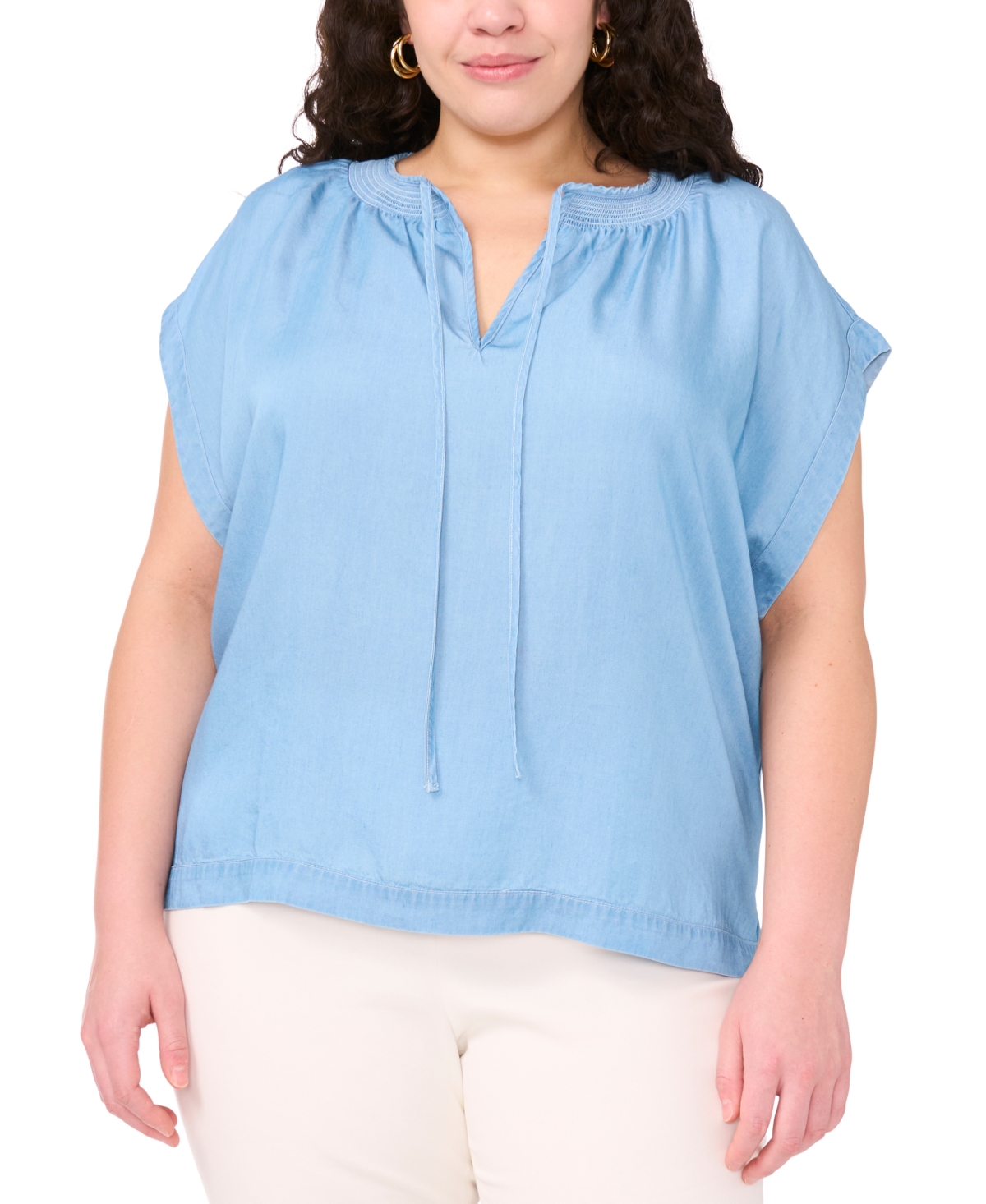 Vince Camuto Plus Size Shirred Split-neck Peasant Top