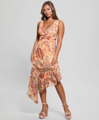 GUESS - Women's Sabrina Printed Asymmetric-Ruffle-Hem Dress