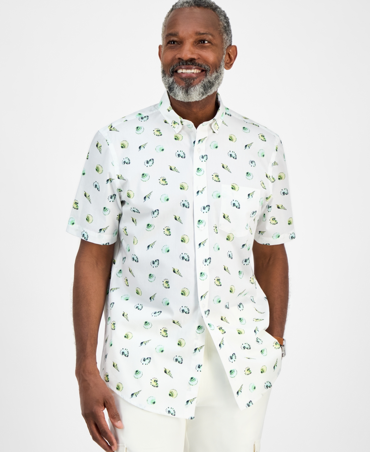 Men's Short Sleeve Seashell Print Button-Down Shirt, Exclusively at Macy's - White