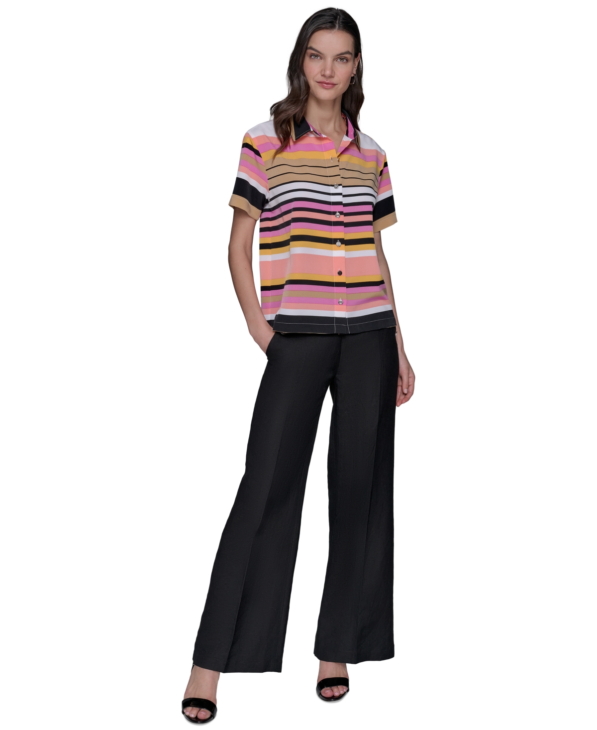 Karl Lagerfeld Women's Conversational Striped Camp Shirt