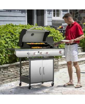 BBQ Gas Propane Grill 3 Burner Cast Iron Flat Grill Griddle Combo with Side Burner Stainless Steel 34000 BTU for Outdoor Cooking Backyard Barbecue