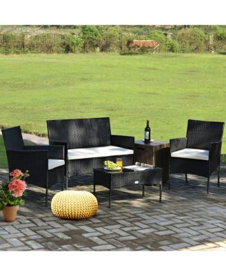4PCS Patio Rattan Furniture Set Cushioned Sofa Coffee Table Backyard Porch