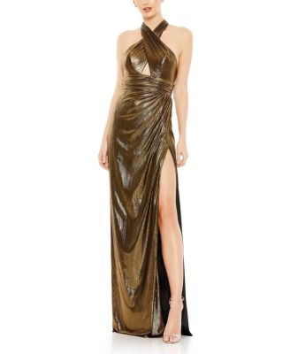 Women's Metallic Criss Cross Halter Neck Gown