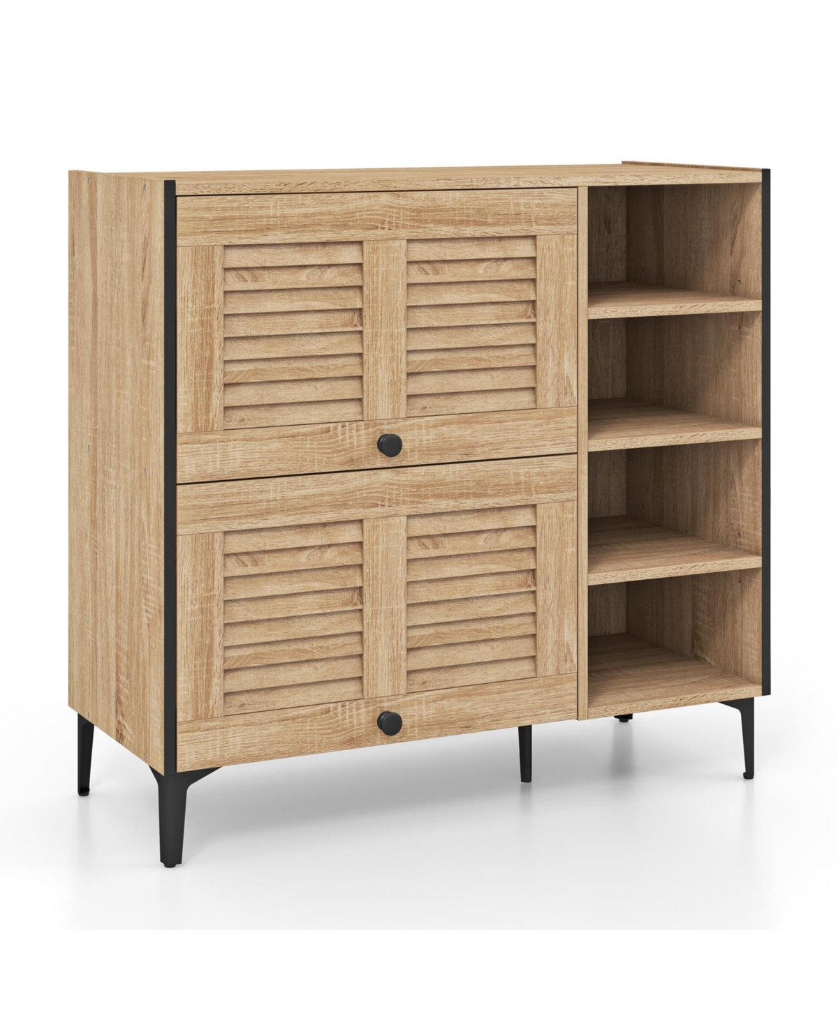 Shoe Storage Cabinet with Flip-Up Doors &#x2013; Clear Panels and Adjustable Tiers for Versatile Organization - Oak